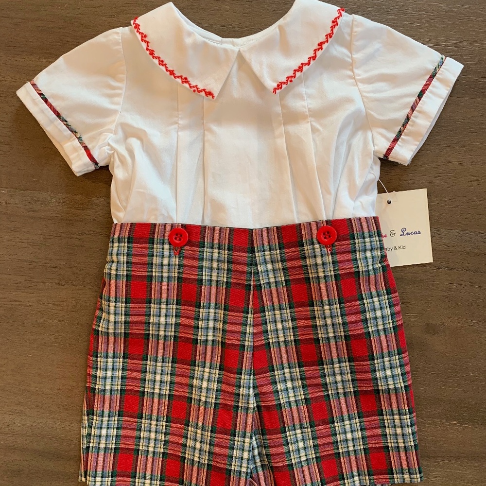 New Sophie & Lucas 2pc Boys Christmas Plaid Short Set